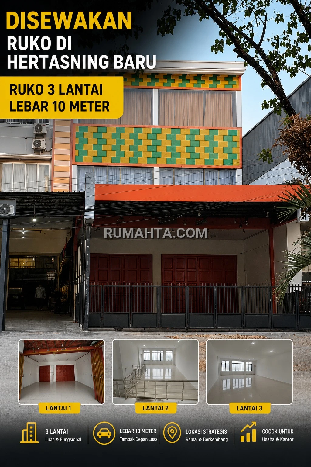 Ruko sewa makassar poros hertasning baru lebar 10 meter 3 lantai
