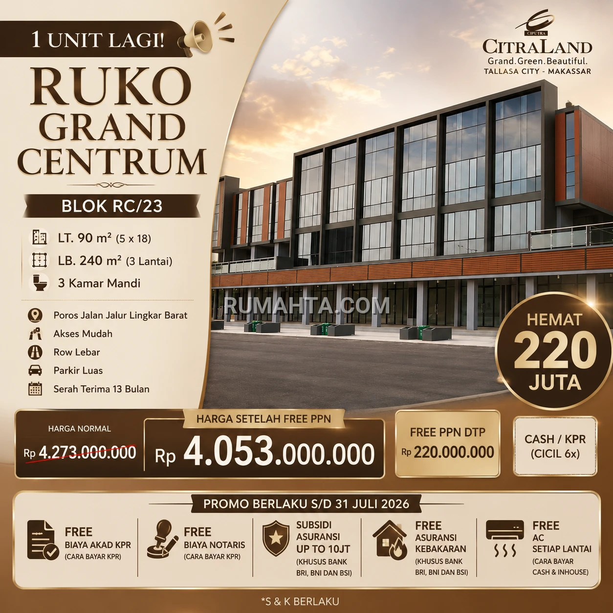 Dijual Ruko Siap Pakai Lokasi Strategis Jalur Poros Ruko Grand Centrum di kawasan premium Citraland Tallasa City Makassar.
