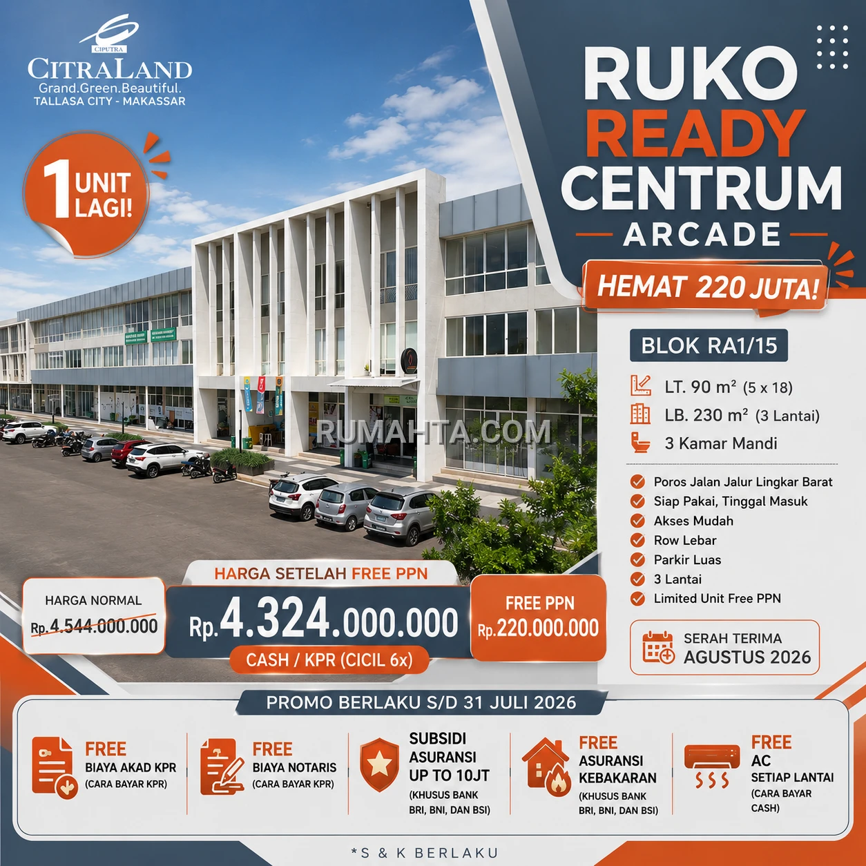 DIJUAL RUKO READY CENTRUM ARCADE SIAP PAKAI LOKASI STRATEGIS JALUR POROS CITRALAND TALLASA CITY